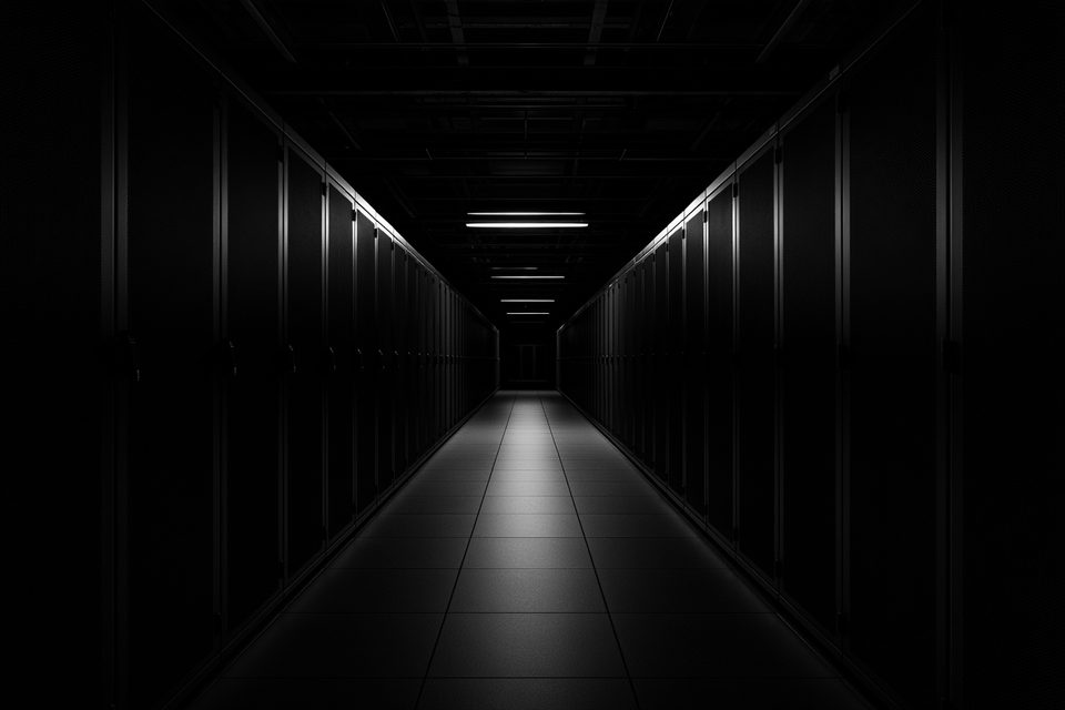 A dark data center hall, racks receding into blackness.